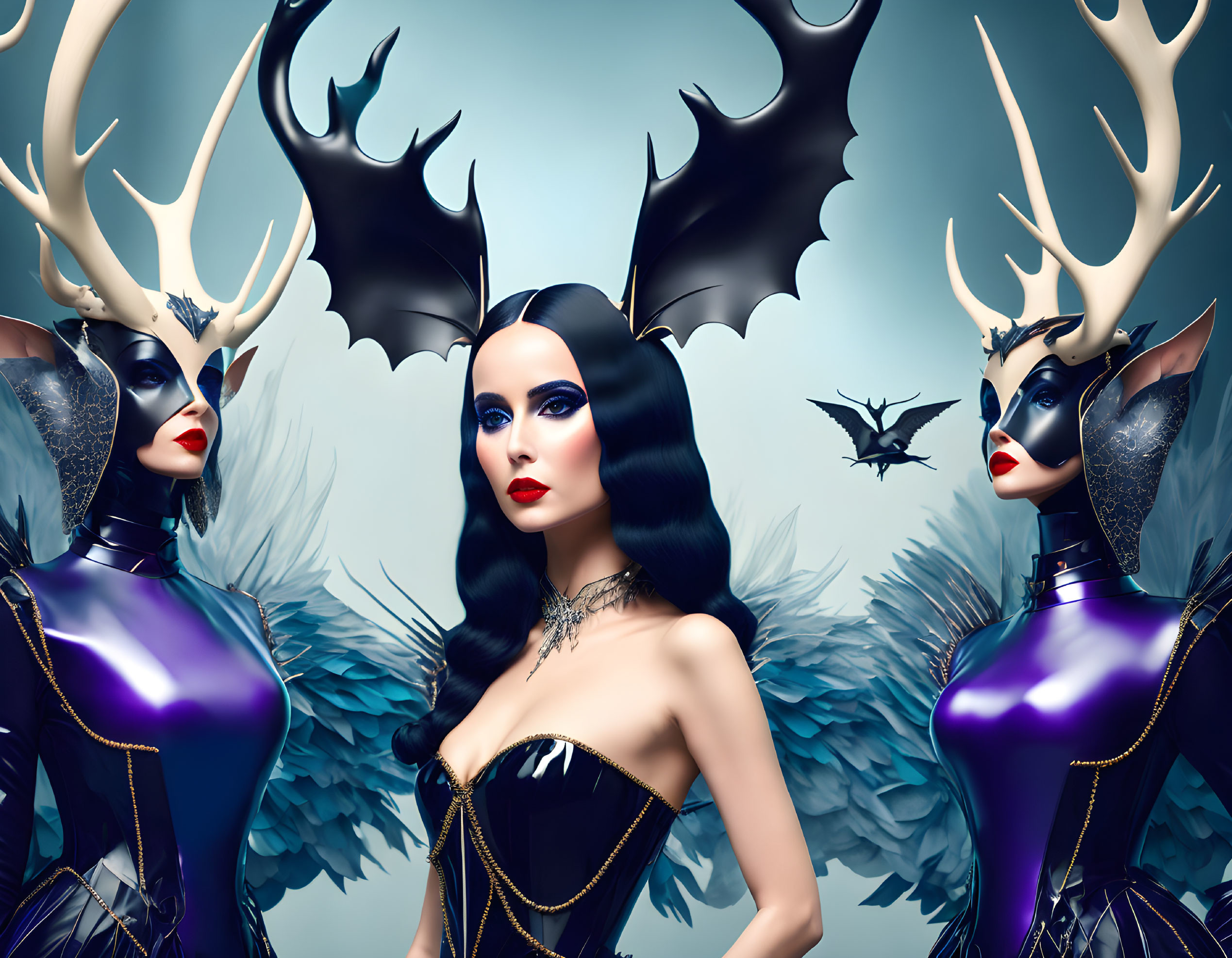 Three women in winged and antlered headpieces wearing dark bodysuits against a blue backdrop