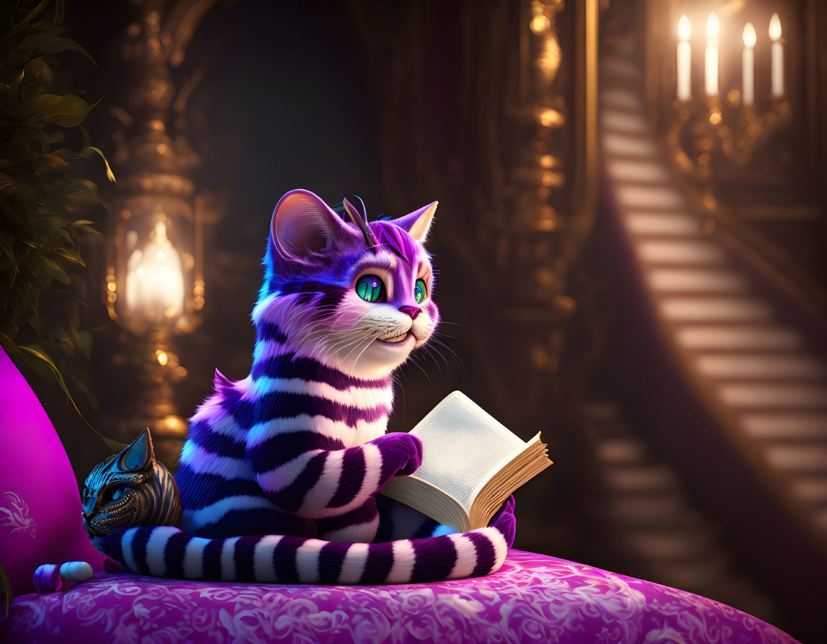 Striped cat reading book on purple cushion with green-eyed blue cat & candle-lit chandelier