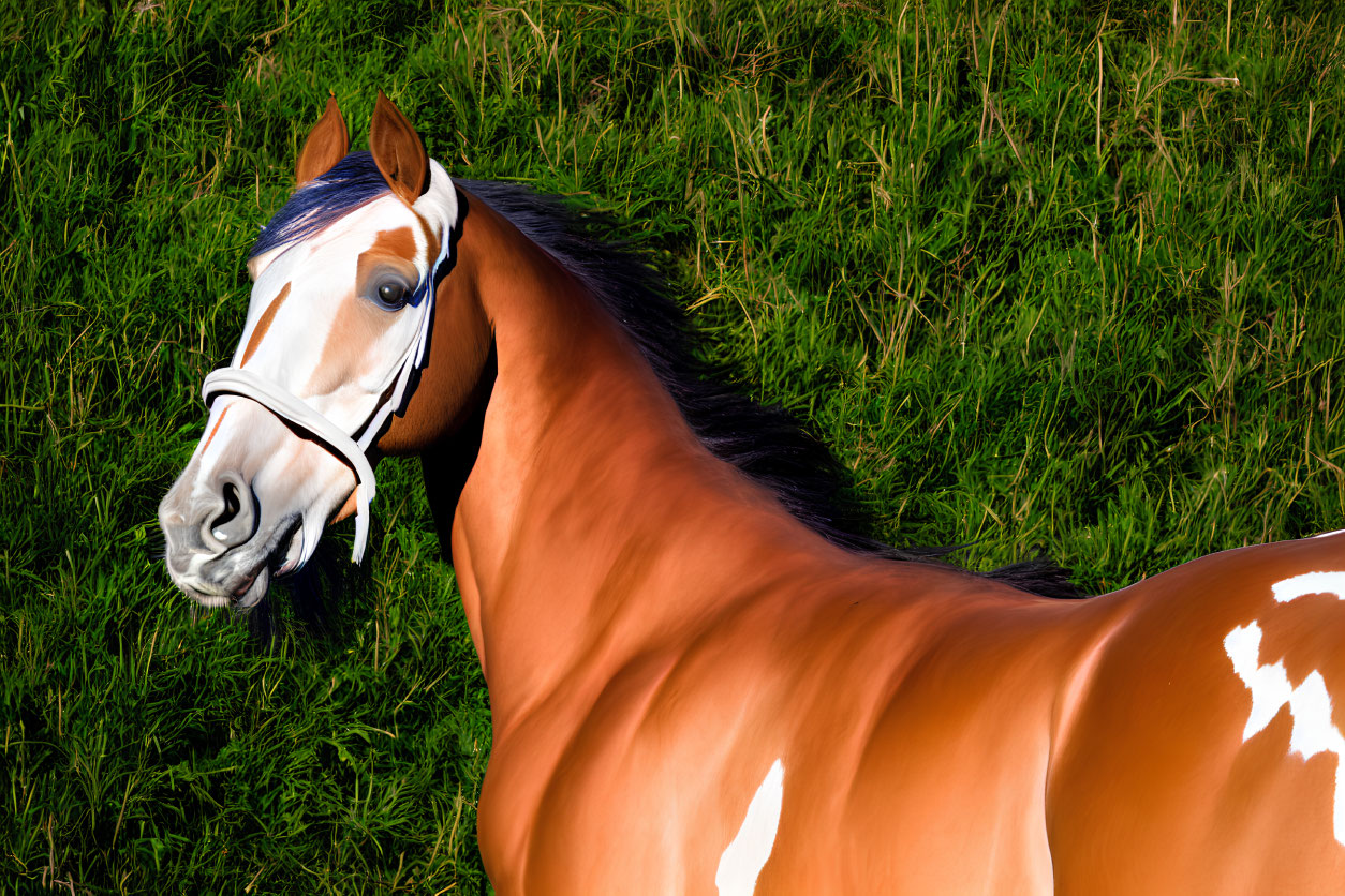 Brown and White Horse with Bridle Resting on Green Grass