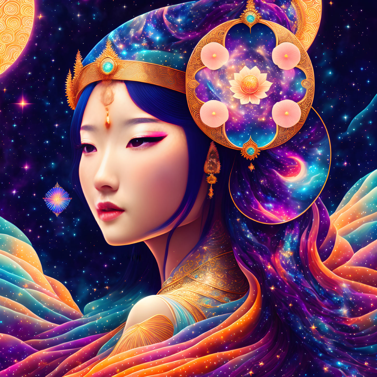 Cosmic-themed woman in blue and purple attire with stars and lotus flowers