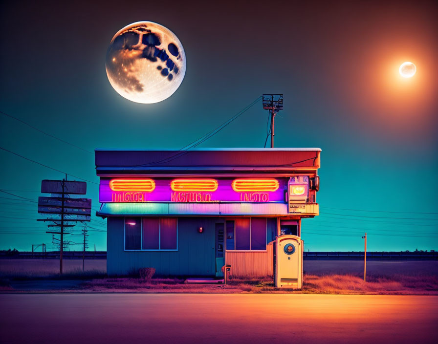 Retro futuristic neon-lit motel under twilight sky