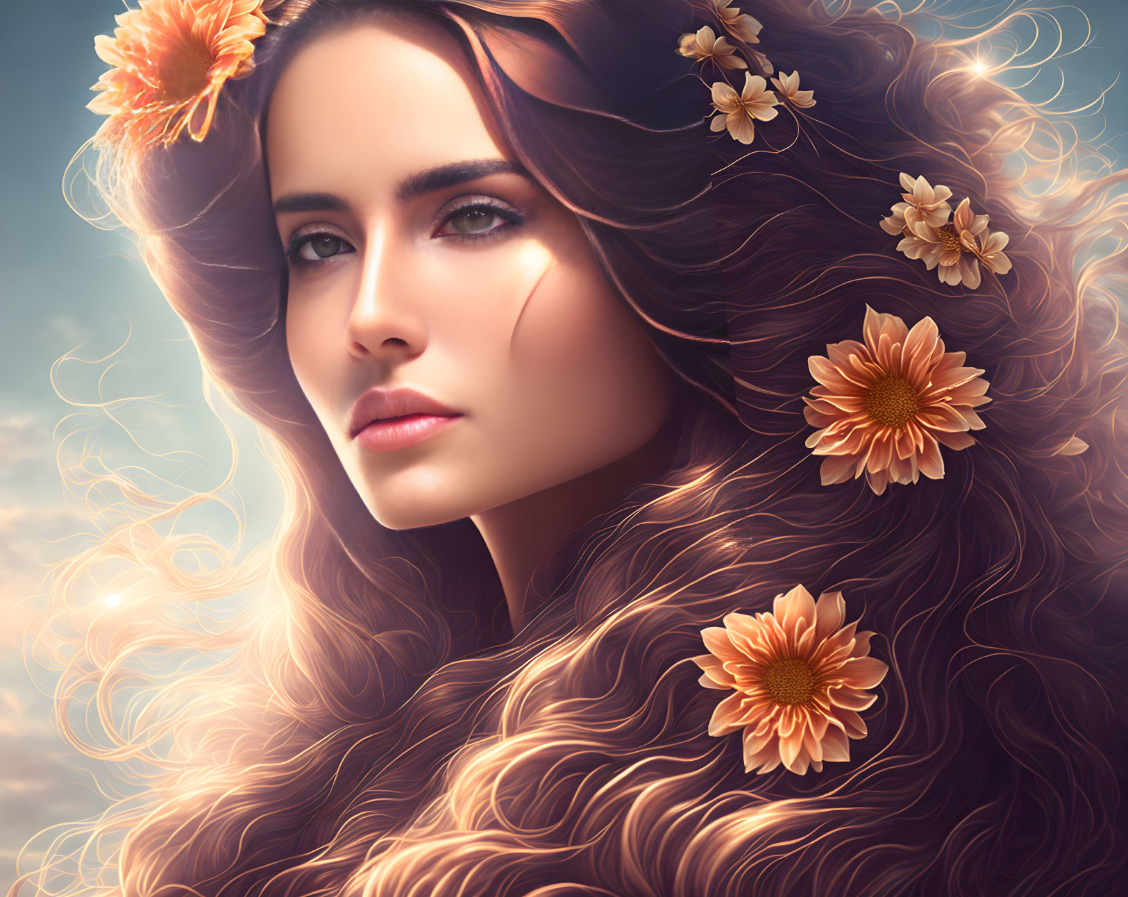 Portrait of woman with long wavy brown hair and orange flowers against cloudy sky