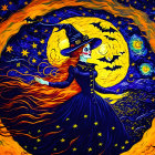 Illustration: Witch on broomstick under full moon with fiery orange hair