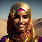 Smiling woman in traditional headscarf and golden jewelry in desert setting