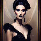 Fashion portrait of woman in black feathered dress with dark makeup and floral hair accessory