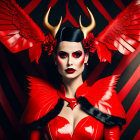 Woman in vibrant red costume with butterfly wings and horns on red and black background