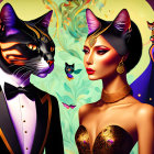 Anthropomorphic cat couple in formal attire with abstract swirls.