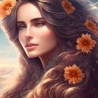 Portrait of woman with long wavy brown hair and orange flowers against cloudy sky