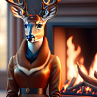 Anthropomorphic deer in leather jacket by fireplace