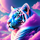 Color-enhanced tiger head in pink and blue clouds on bright sky