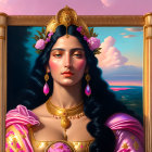 Regal woman with dark hair in gold jewelry and headdress, surrounded by pink flowers on twilight sky