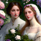 Two women in floral crowns surrounded by blooming flowers and intricate attire.