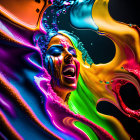 Colorful liquid splashes surrounding a person's face in vibrant composition