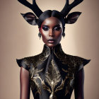 Stylized portrait of person with antlers in dark makeup