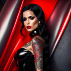 Digital artwork featuring woman with tattoos against red and black background