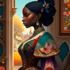 Dark-skinned woman in blue headscarf and floral dress with autumn backdrop.