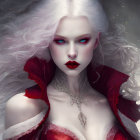 Digital Artwork: Woman with Pale Skin, Red Eyes, White Hair, Red & White Dress