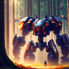 Glowing orange lights on large robot in misty forest