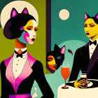 Anthropomorphic cats in formal attire at a table with wine glasses depicted in vibrant, abstract art style