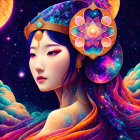 Cosmic-themed woman in blue and purple attire with stars and lotus flowers