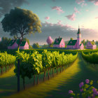 Scenic countryside with vineyard, pink houses, church steeple, and twilight sky