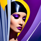 Portrait of a person with bold purple makeup and black headpiece against vibrant background