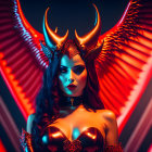 Woman with Devil Horns, Glowing Eyes, Angel Wings in Neon-lit Setting