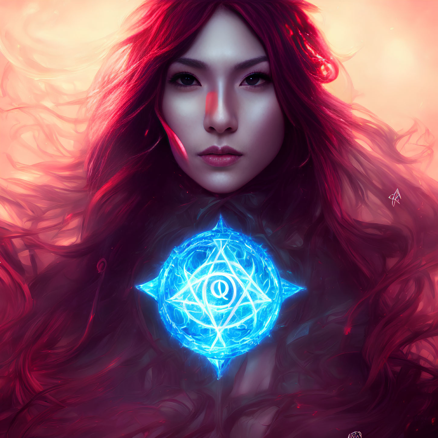 Digital artwork: Woman with flowing red hair and mystical symbol, intense eyes with red mark.