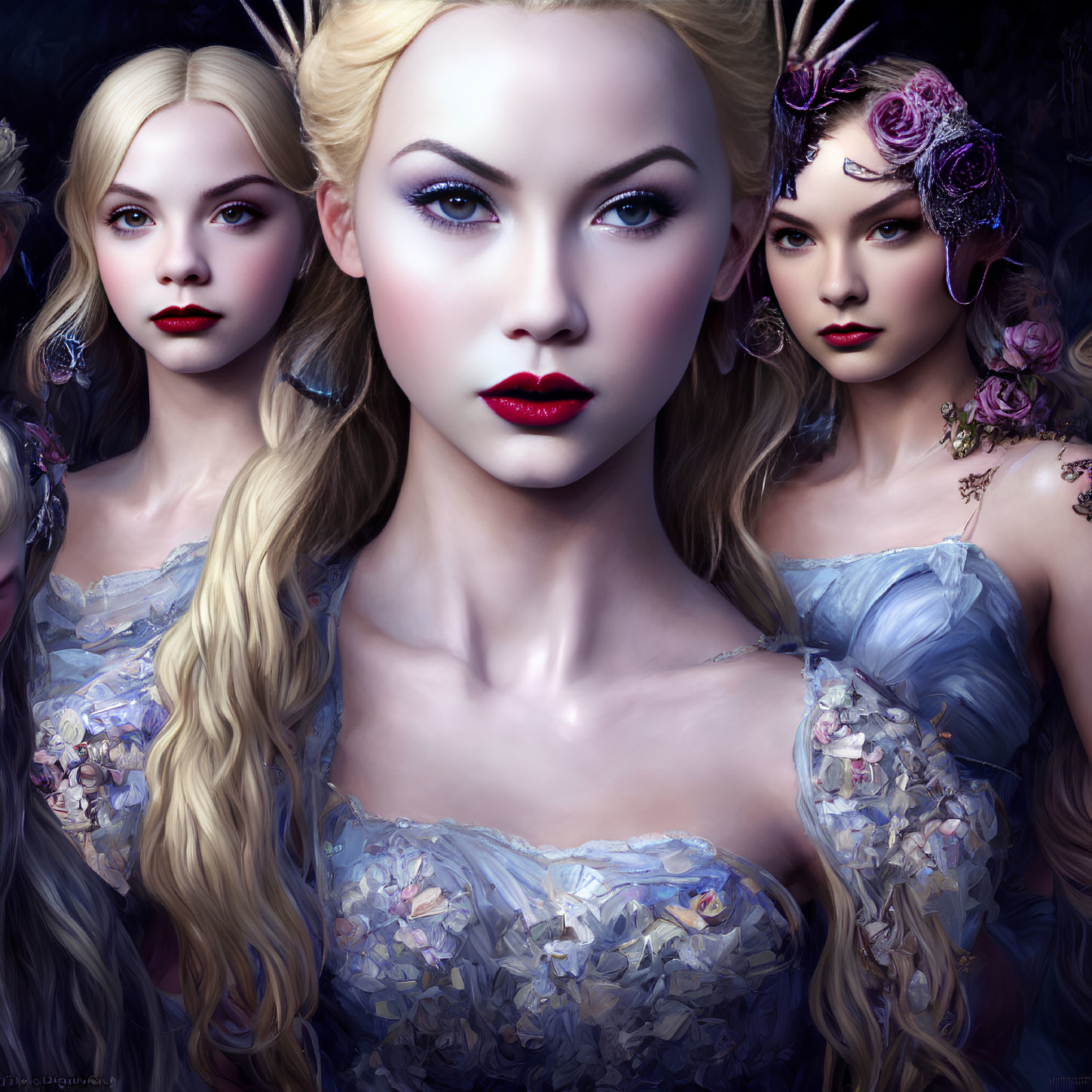 Ethereal women with pale skin and blond hair against dark backdrop