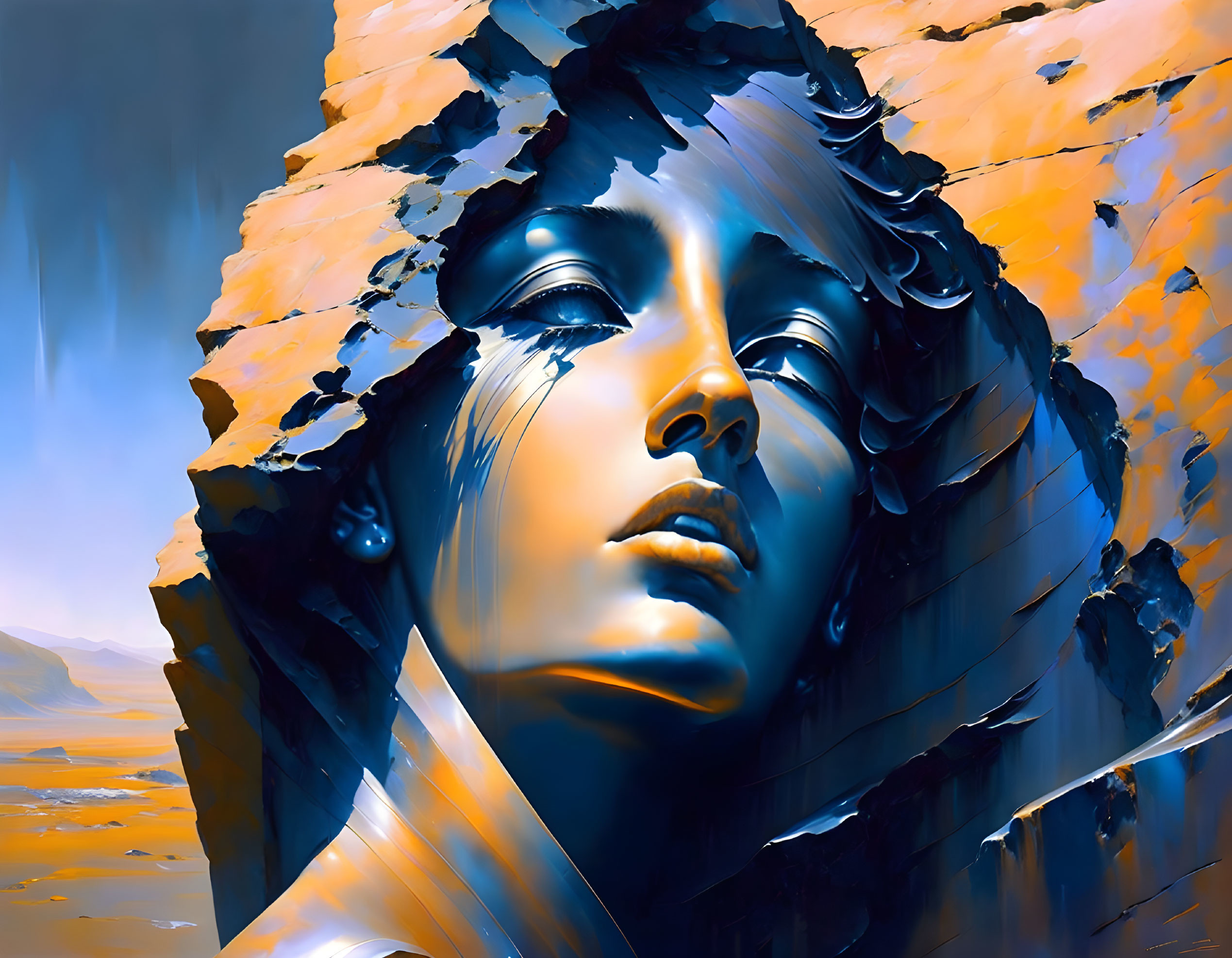 Illustration of blue-toned female face merging with orange cliff in desert