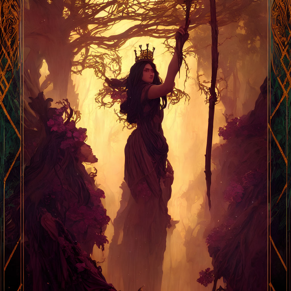 Regal woman with crown and scepter in enchanted woods.