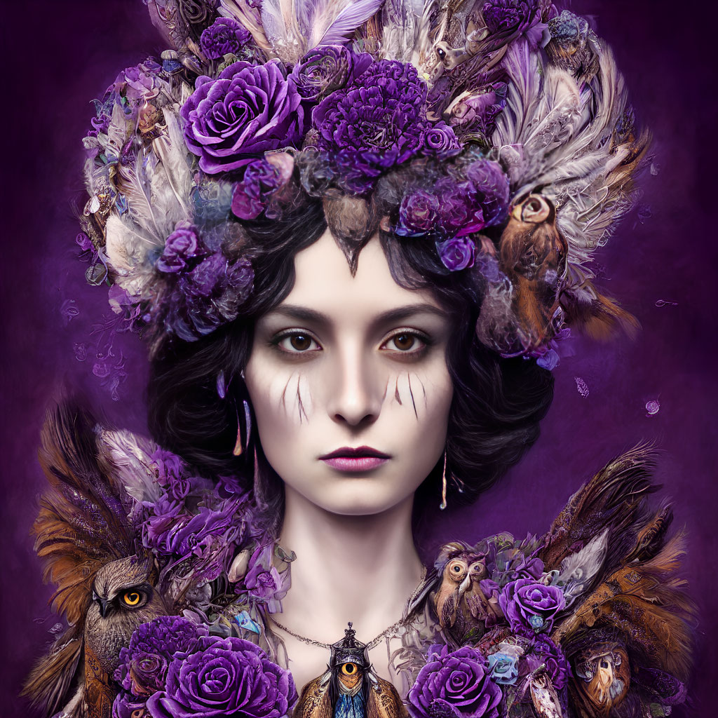 Person with Purple Rose and Feather Headdress on Purple Background