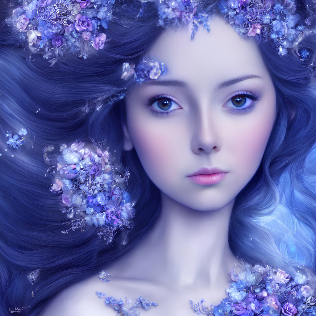 Portrait of woman with blue eyes, blue hair, flowers, and butterflies