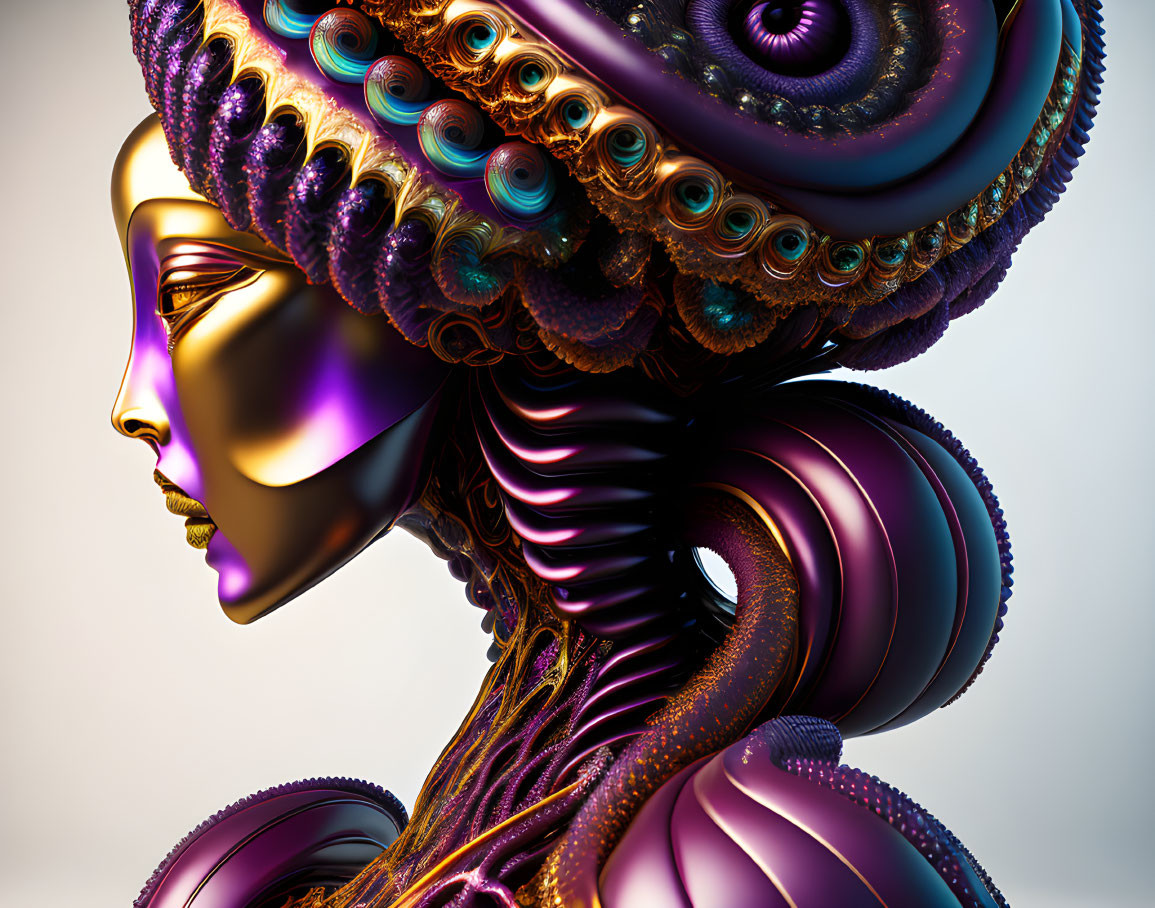 Surreal humanoid figure with spiral iridescent hair structure