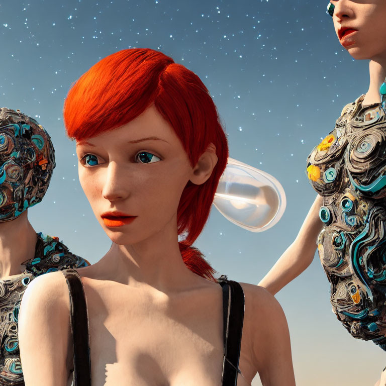 Red-haired female figure with blue eyes in digital art surrounded by mechanical figures against sky backdrop.