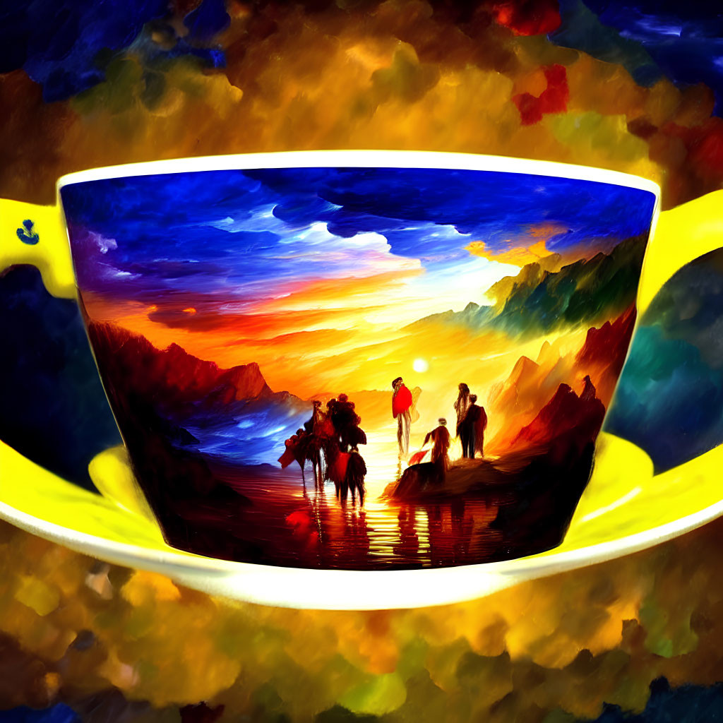 Colorful Sunset Scene Reflection in Coffee Cup with Silhouettes