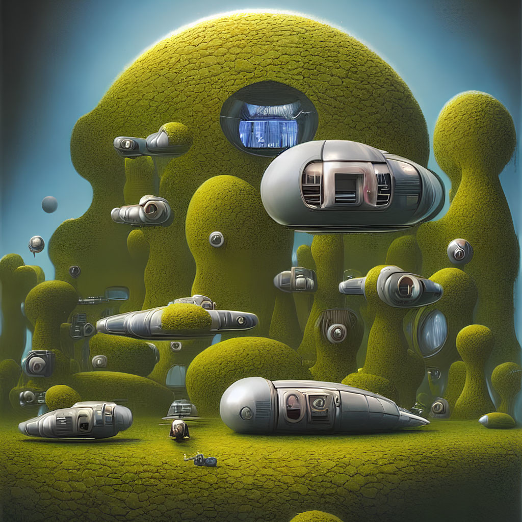 Futuristic pods in mossy green hills with telescopic features under blue sky