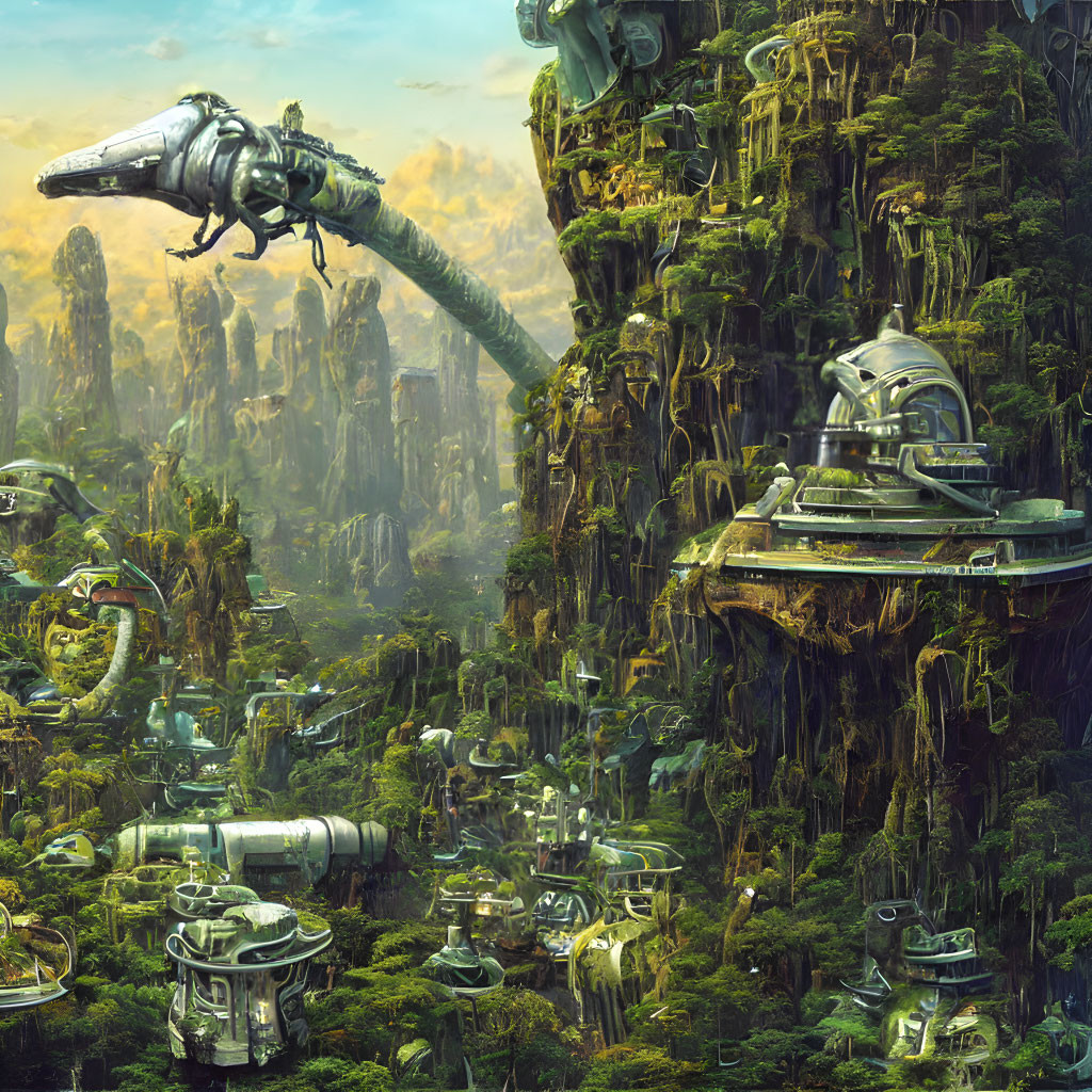 Futuristic jungle cityscape with green-covered structures & flying vehicles