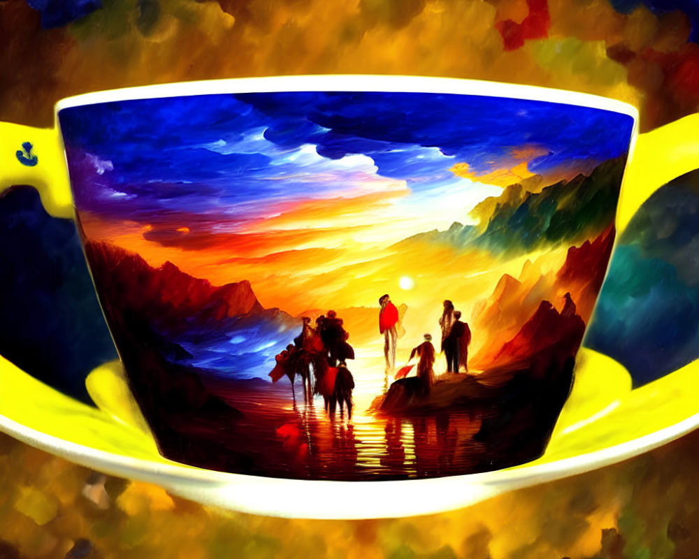 Colorful Sunset Scene Reflection in Coffee Cup with Silhouettes