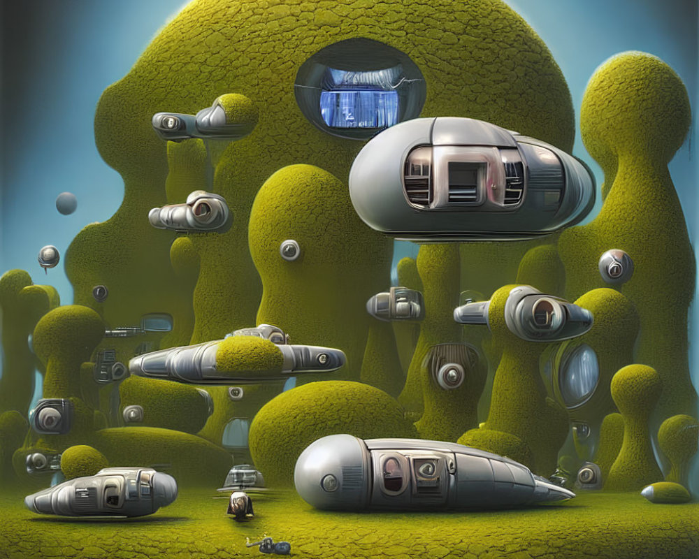 Futuristic pods in mossy green hills with telescopic features under blue sky