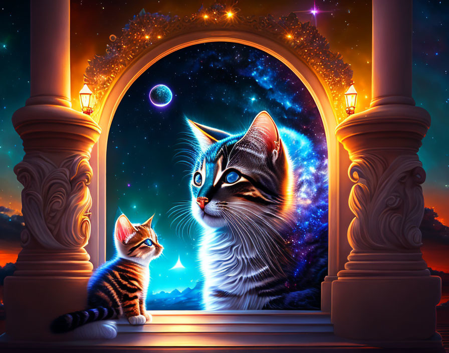 Illustrated cats by ornate archway under cosmic sky