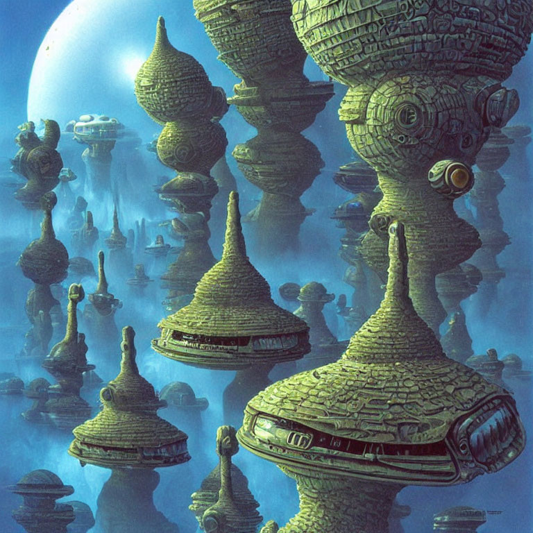 Futuristic underwater city with dome-topped structures in blue depths