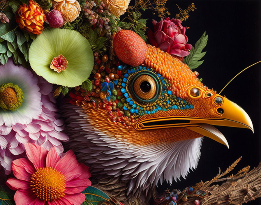 Vibrant digital art: Bird with floral and feather details