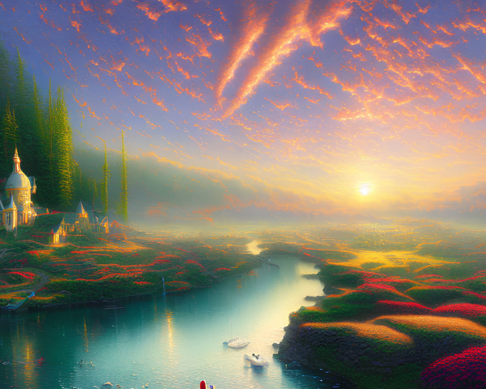 Fantasy landscape with castle, river, swans, and radiant sunset