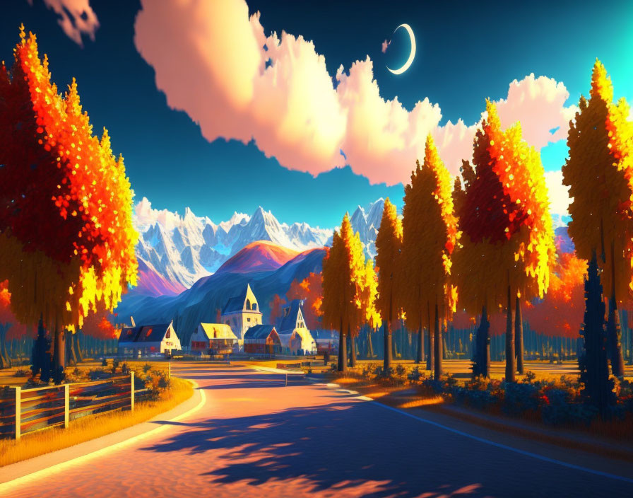 Colorful Autumn Village Scene with Winding Road under Twilight Sky