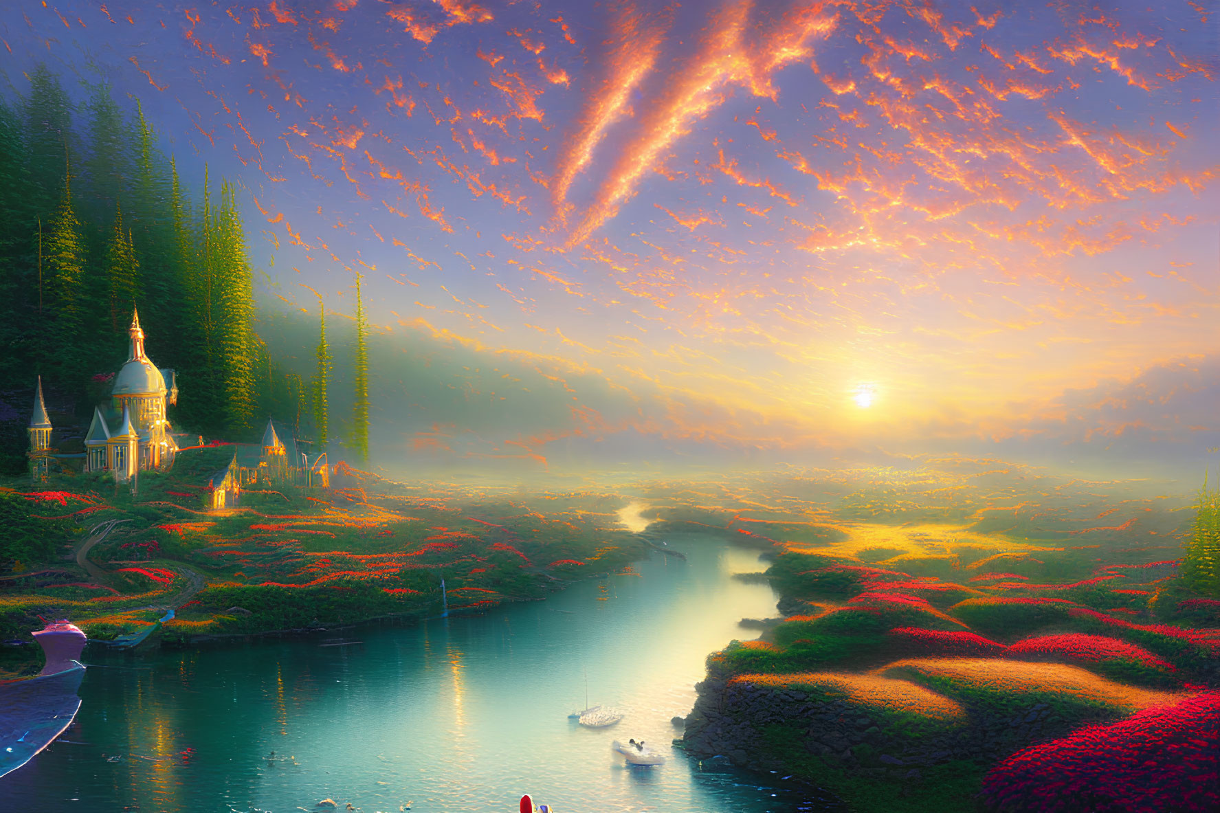 Fantasy landscape with castle, river, swans, and radiant sunset