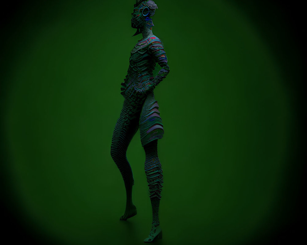 Intricate digital circuit patterns on figure against green background