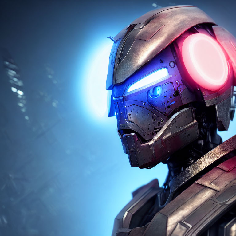 Futuristic helmet with glowing blue visor and red lights on blurred high-tech background