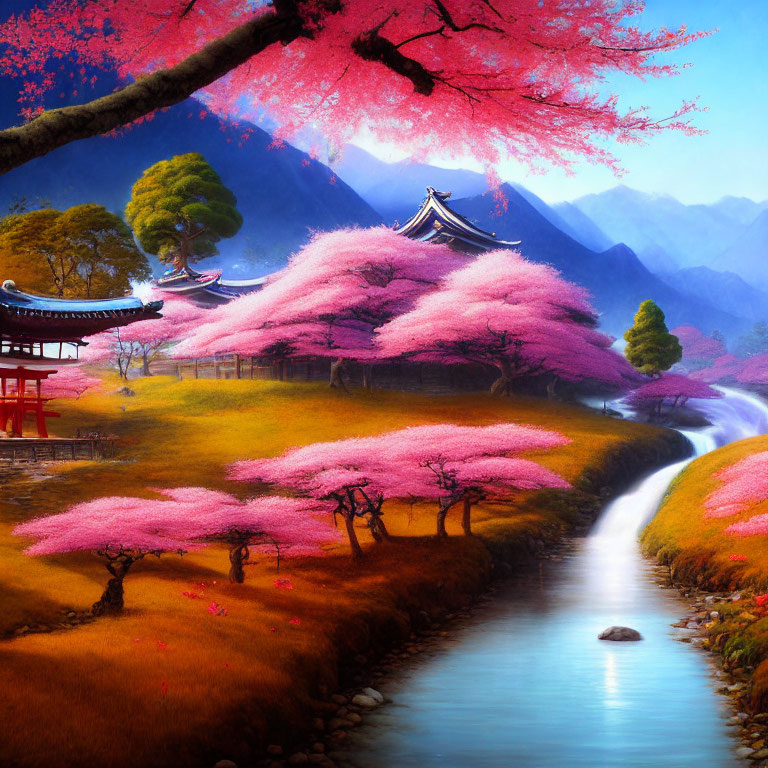 Japanese landscape painting with cherry blossoms, traditional architecture, and flowing stream