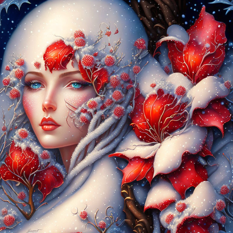 Winter-themed woman with face paint among poinsettias & snow-covered branches